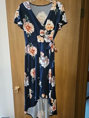 Floral Wrap Midi Dress - Navy with Peach & Cream Blooms